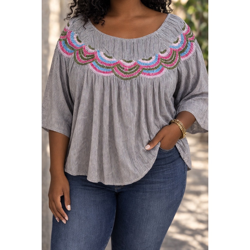 Striped Embroidered‎ Scallop Top Women Casual Boho Size XL* (B641)